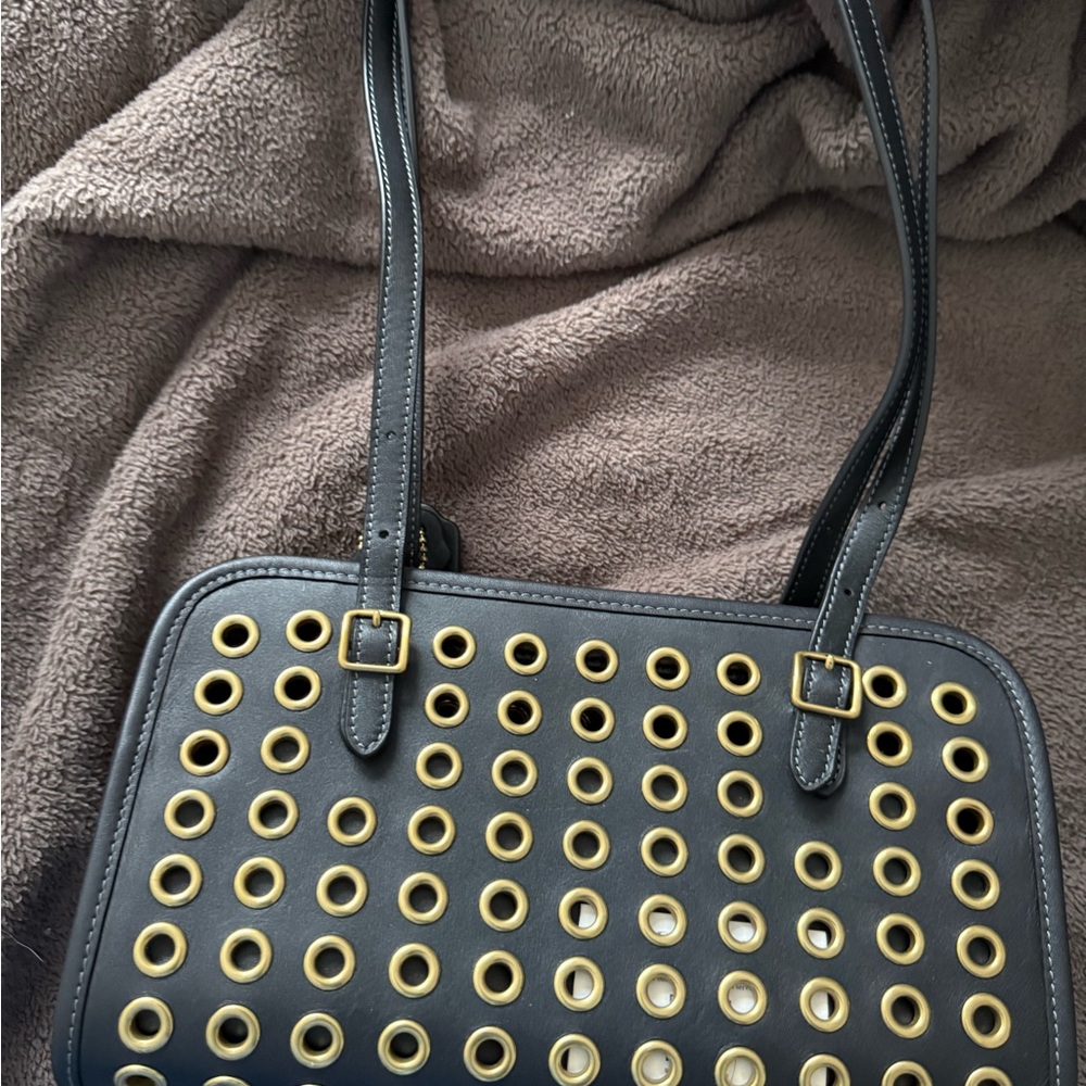 Black Shoulder Bag with Gold Grommet Detail